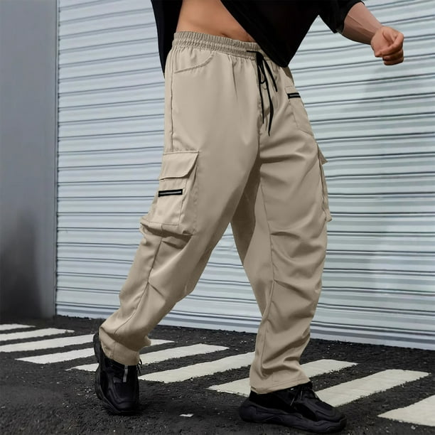 Pantalones largos para hombre, casuales, de moda, de color sólido, con cordón, cintura elástica y bolsillos.