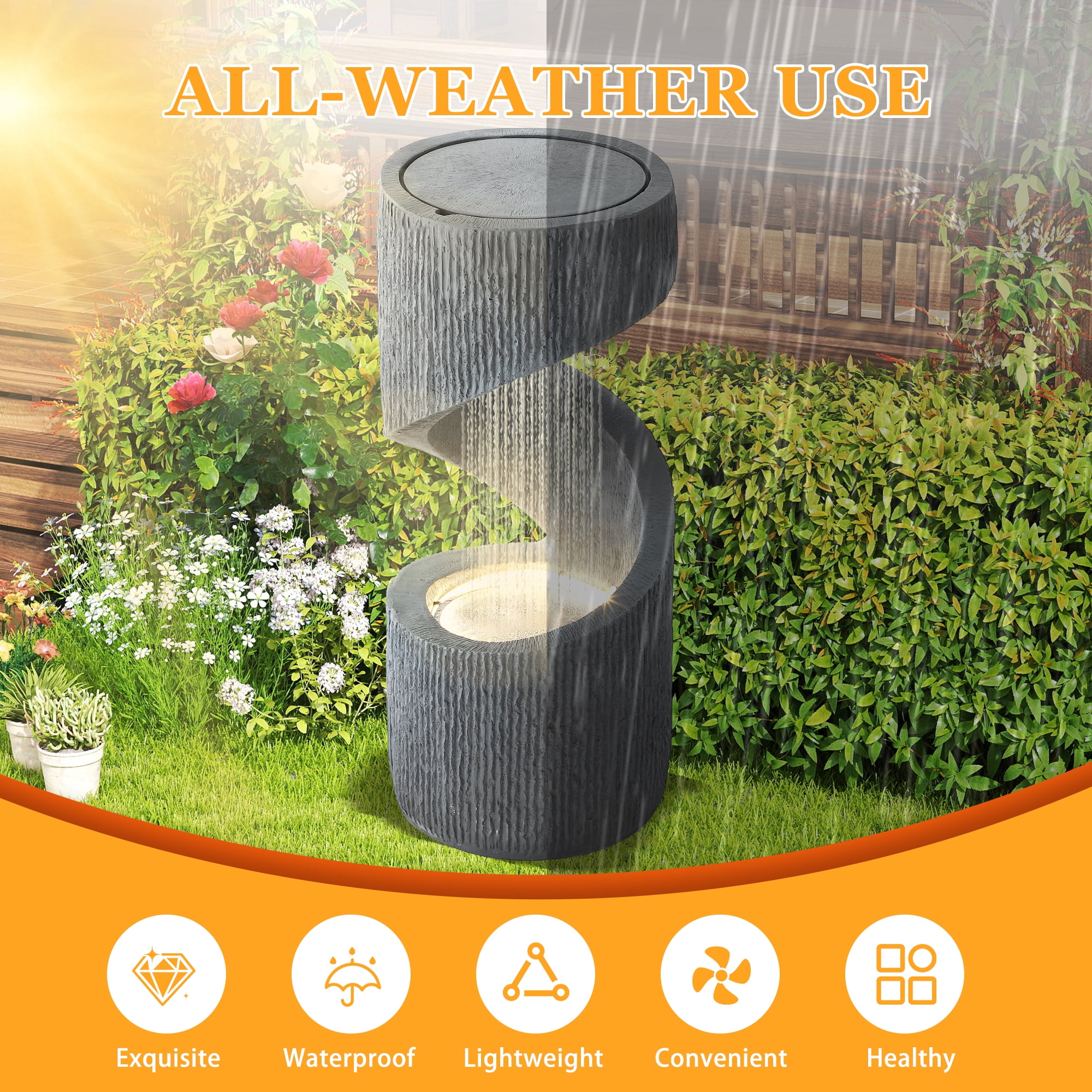 Haverchair 31.9" Outdoor Water Fountain with LED Light, Large Spiral Fountains Curved Garden Fountain, Modern S-Shaped Freestanding Waterfall for Garden, Patio, Backyard, Deck, Porch and Home Decor