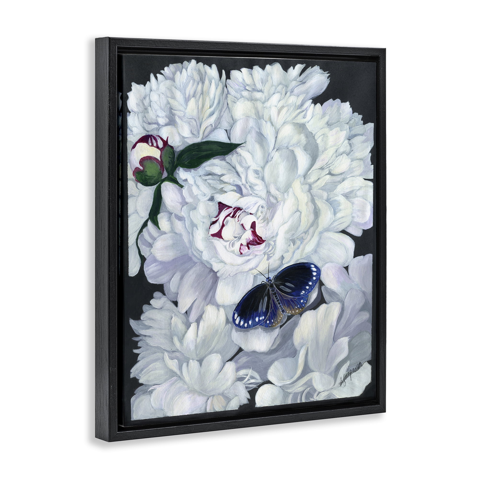 Stupell Industries Vintage Peony & Butterfly Animals & Insects Painting Black Floater Framed Art Print Wall Art, 17 x 21