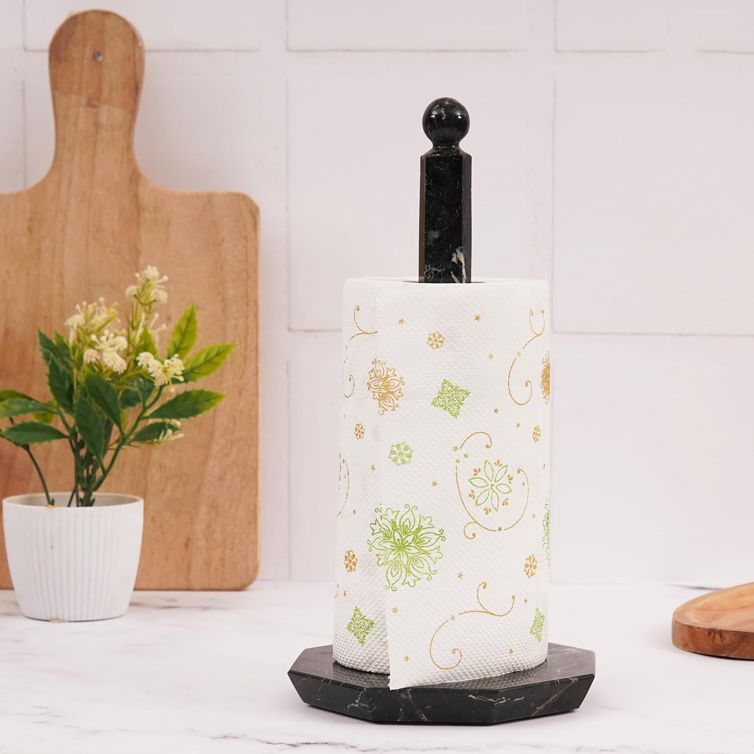 Elborse Marble Paper Towel Holder 12.5 inch Black Handmade Star Countertop Stand for Kitchen & Bathroom, Elegant Stone Design, Paper Towels Organizer, Kitchen Décor Accessory