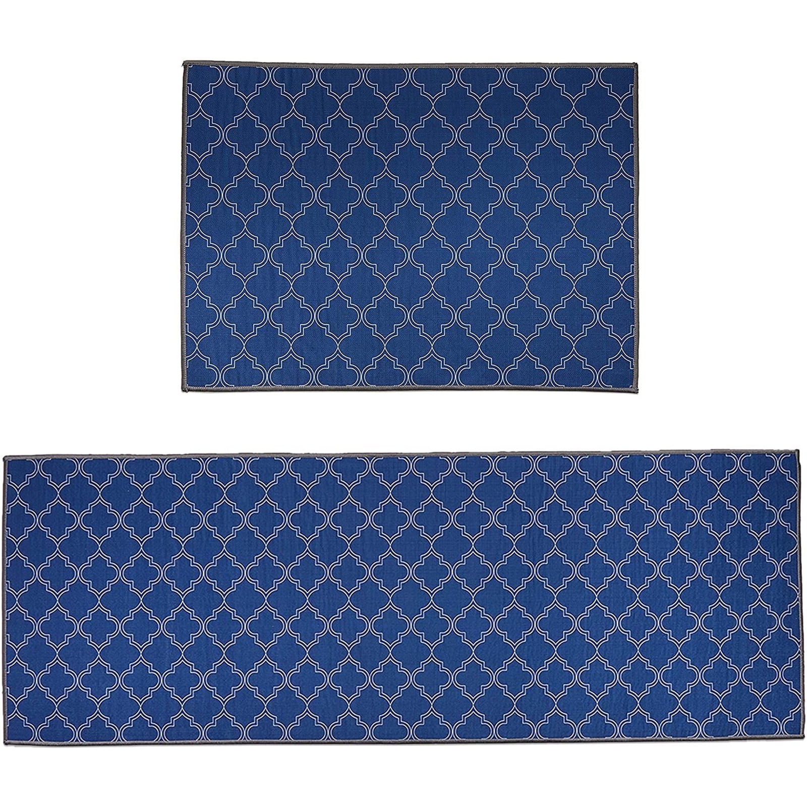Set of 2 Navy Blue Kitchen Rugs, Cushioned Slip Resistant Mats for