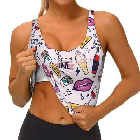 Qokaie Wine Pattern Womens Scoop Neck Sports Bra Breathable Workout Vest Padded U Back Medium Impact Fitness Gym Yoga Bra Workout Crop Top