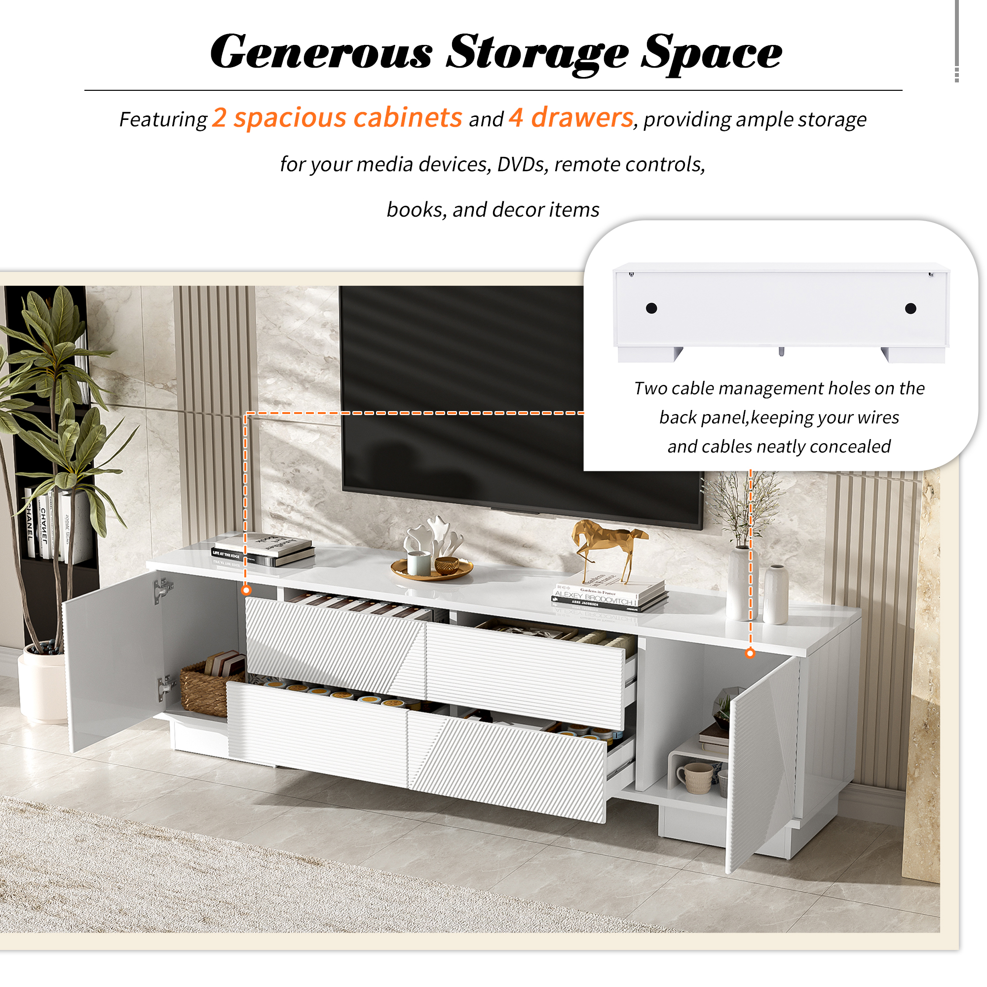 Euroco 70.8'' Modern TV Stand for TVs up to 75 Inches, Entertainment Center with Storage Cabinets, 4 Drawers and a Metal Center Leg, Minimalist Modern Media TV Console Table
