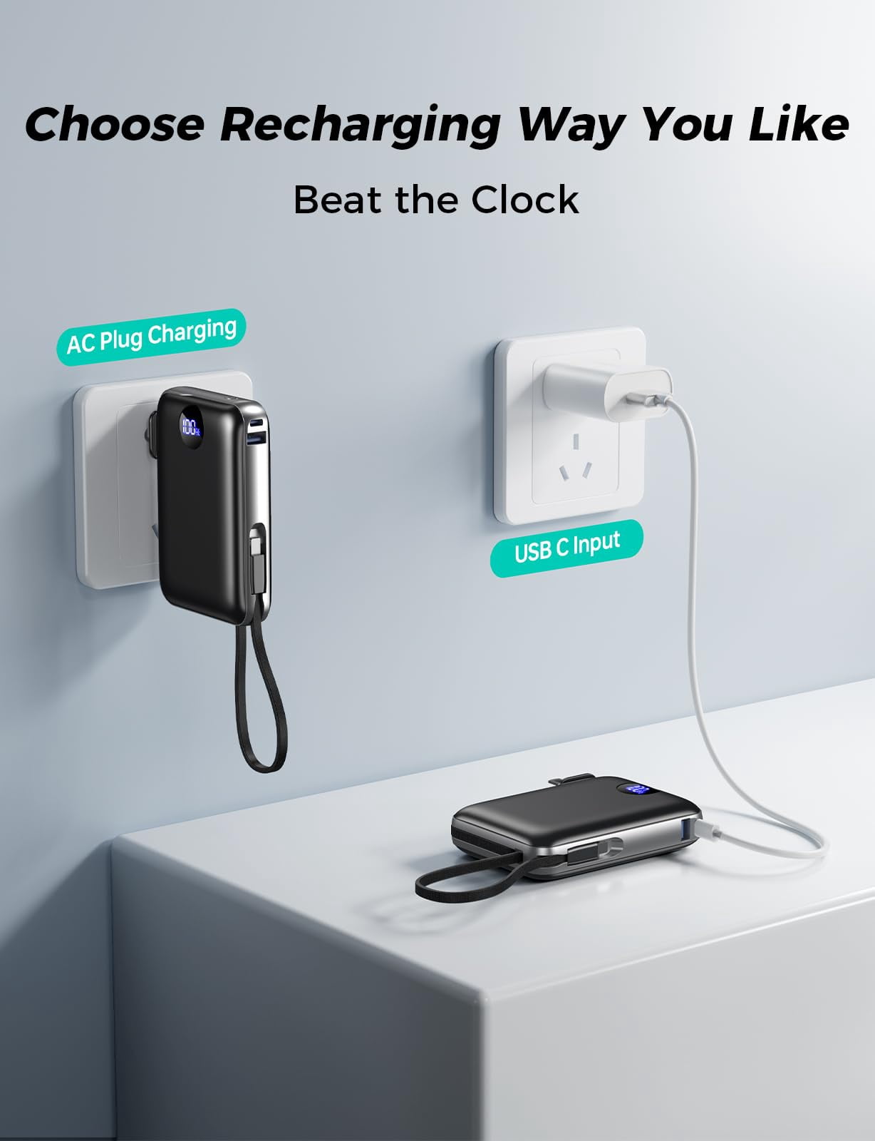 Portable Charger with Wall Plug,Power Bank 10000mAh 22.5W Fast Charging, 4 Outputs Slim Battery Pack with LED Display, Built in Cables All in One Travel Charger for iPhone 17/16/15/14 ,Classic Black