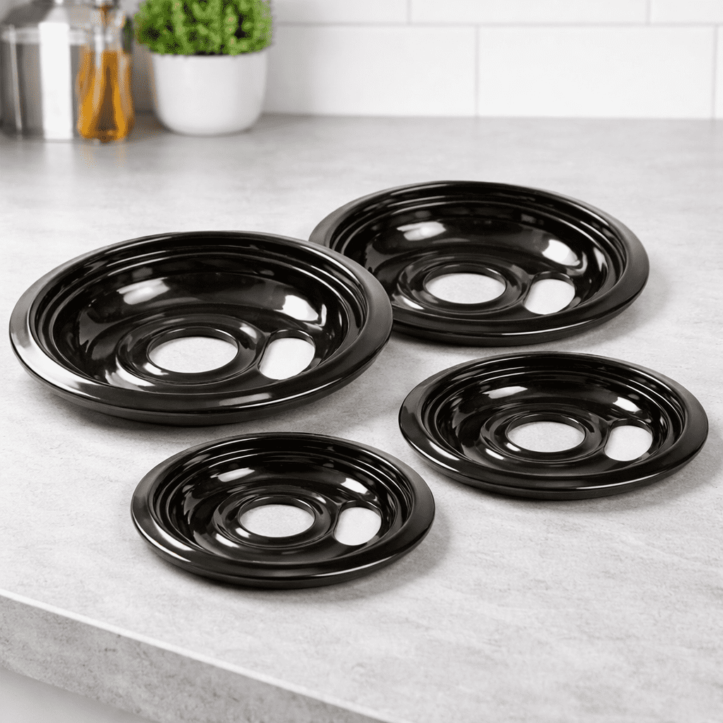 NESTCO Porcelain Black Drip Pans 4 Pack Compatible with GE Range Replaces WB31T10014 WB31T10015