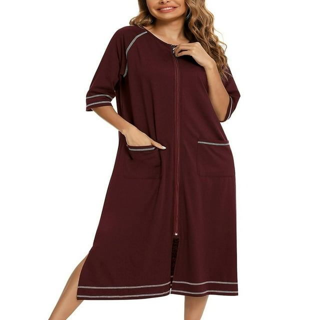 Robe Longue à Col Rond avec Fente et Fermeture Éclair pour Femmes, Manches Courtes