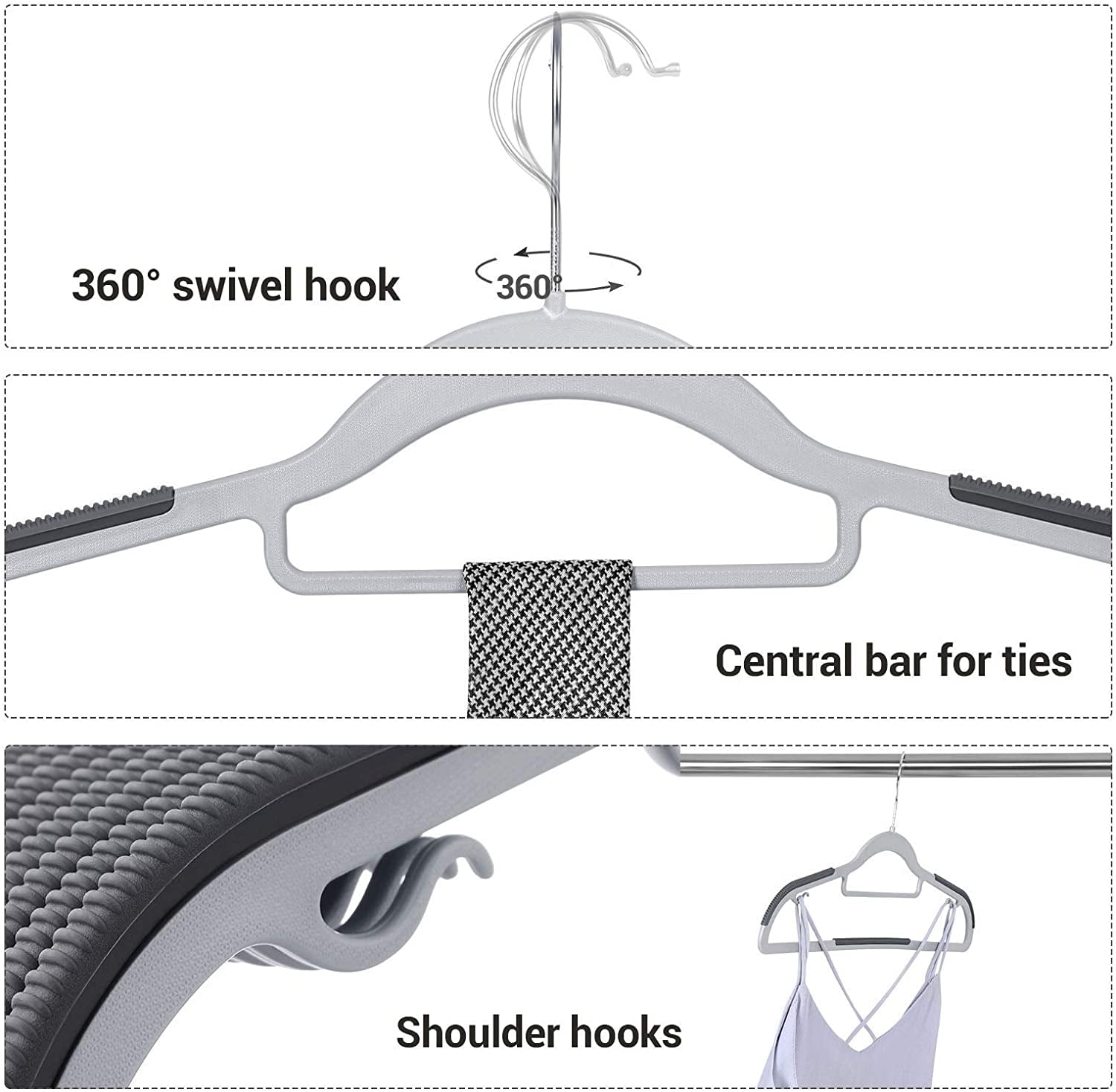 50 Pack Coat Hangers Heavy-Duty 360° Swivel Hook Plastic Hangers with Non-Slip Design Space-Saving Light and Dark Gray