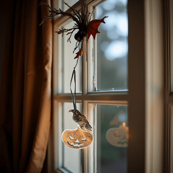 Hip & Chic Handcrafted Coconut Shell Ornament Halloween Raven & Pumpkin Design