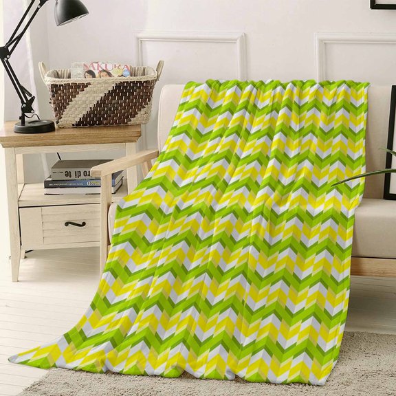 Flannel Fleece Throw Blanket, Modern Chevron Striped Geometric Art Soft Warm Fuzzy Cozy Blanket for Couch Bed Sofa Office, Yellow Green 40x50in