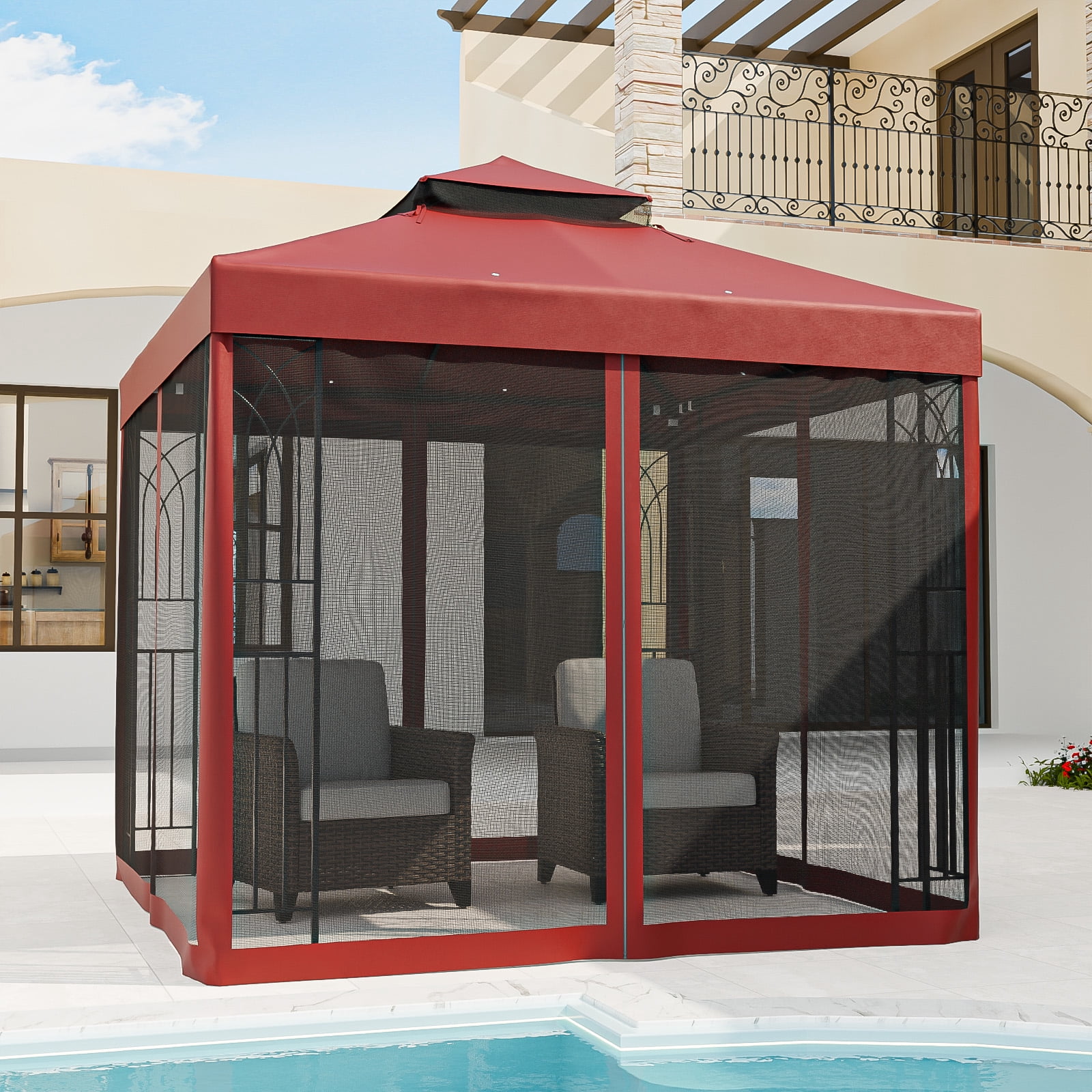 INTER HUT 8x8 Metal Patio Double Soft Roof Gazebo Outdoor Canopy Tent with Netting, Ceiling Hook, Shelves