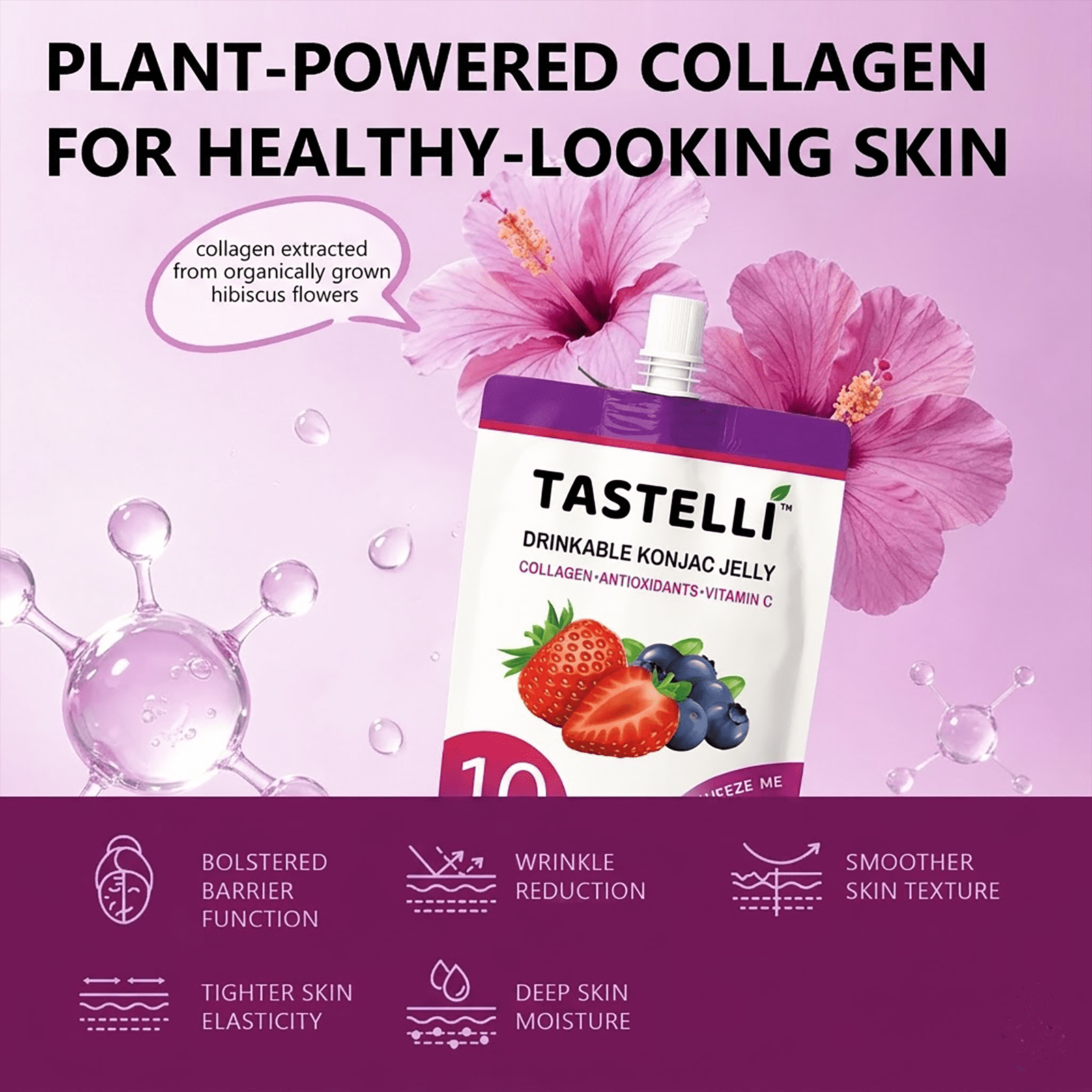 Tastelli Double Berry Konjac Jelly Infused with Collagen | Gluten Free, Sugar Free, Low Calorie | Vegan Drinkable Fruit Jelly Snack  | 10 Pouches