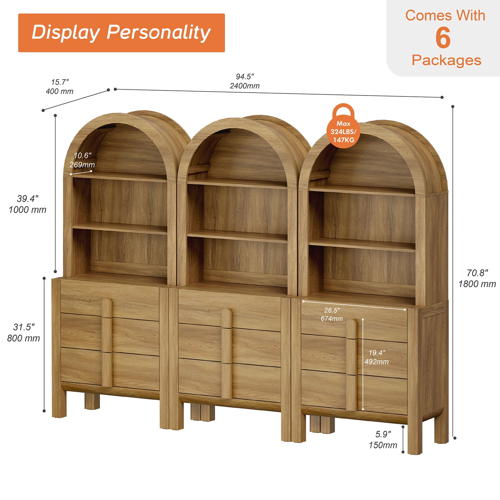 Mid-Century Modern 94.5" Sideboard Buffet Cabinet with Storage, 3-In-1 Wood Credenza with 9 Drawers and Shelves for Kitchen Living Room, Dining Room