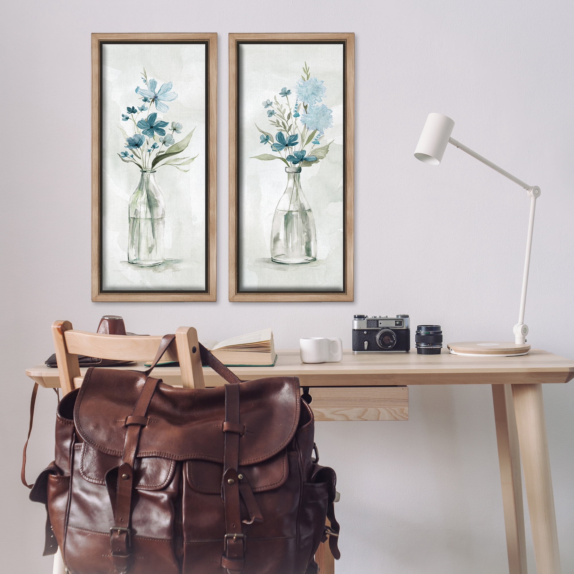 Stupell Industries Elegant Indigo Lilac Flower Jars Botanical & Floral Painting Brown Floater Framed Canvas Art Print Wall Art, 15 x 31, Set of 2