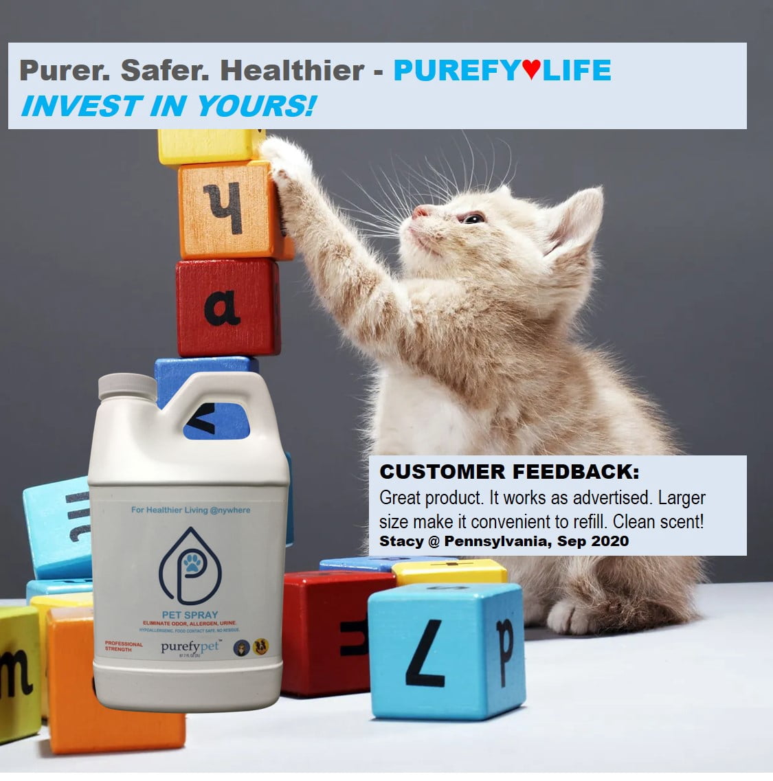 PUREFY Pet Spray (68oz Refill) Eliminate Pet Inanimate Allergens and Pet Urine from the Environment. Precent Marking. Pet Odor Eliminator. Unscented. No residue. Pet Friendly. Ready to Use.