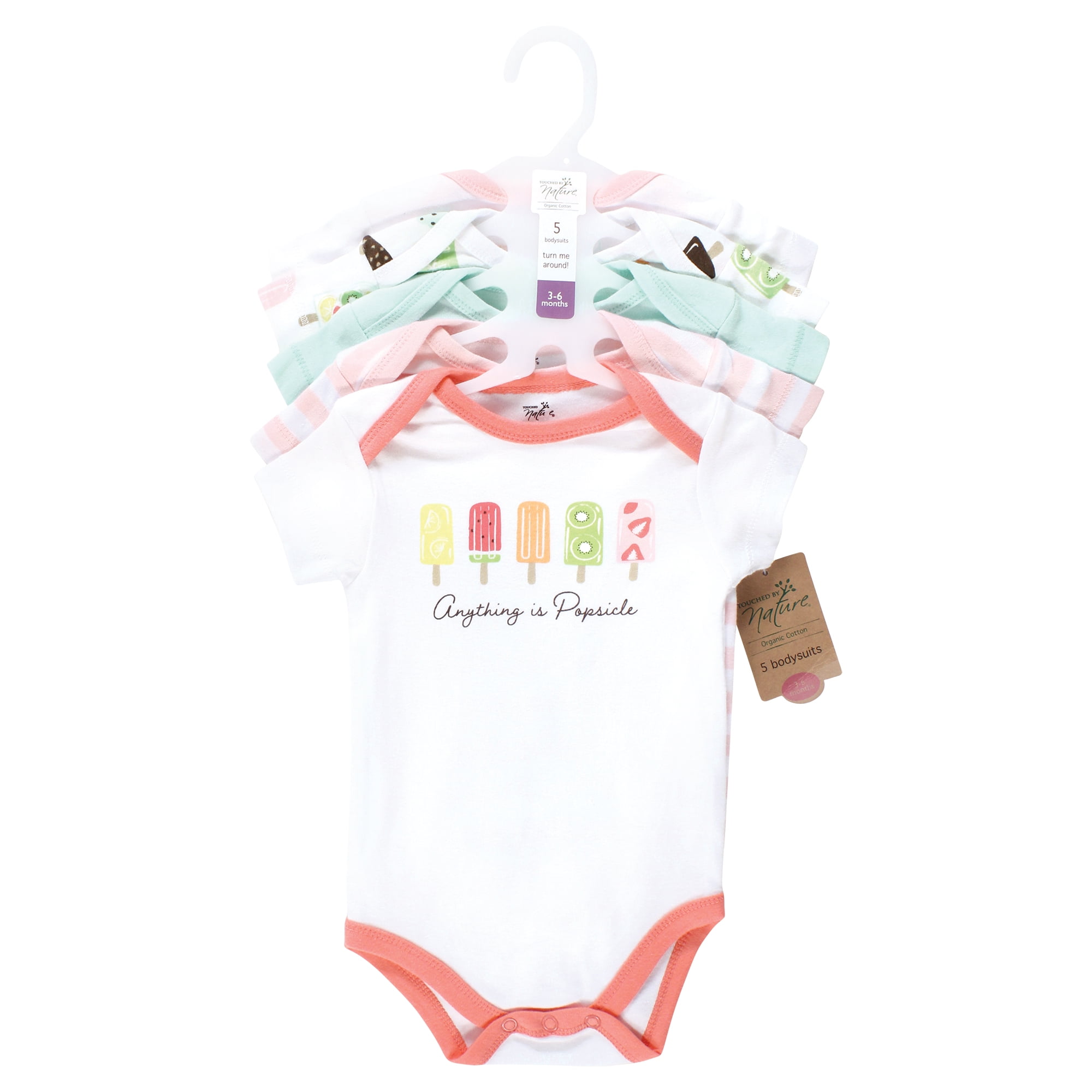 Touched by Nature Unisex Baby Organic Cotton Bodysuits, Popsicle, 18-24 Months