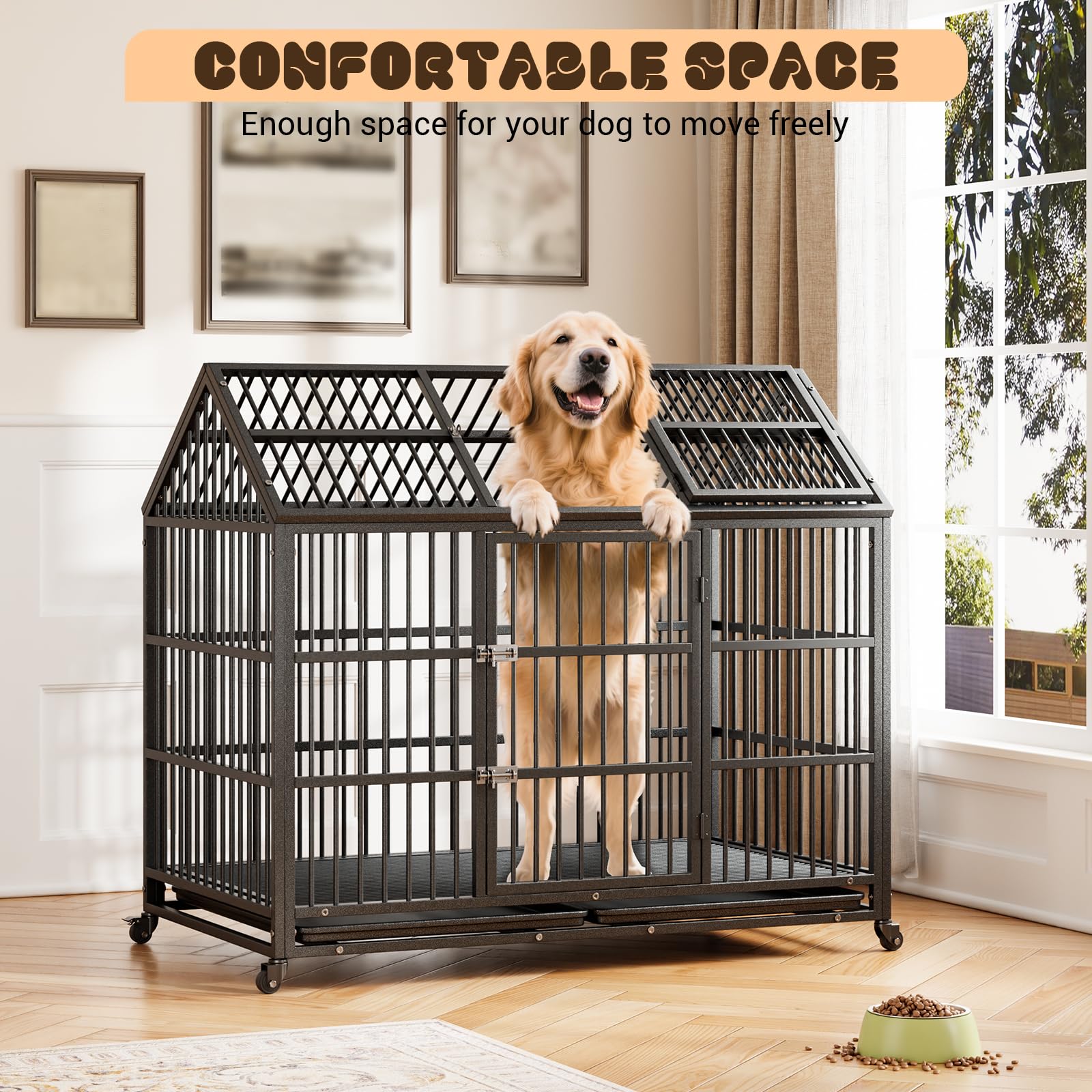 Soonbuy 42/48/52 Inch Metal Dog Crate, Indoor Dog Kennel with Lockable Wheels and Removable Tray,Indestructible Escape-Proof Dog Cage for 2 Small Dogs/1 Large Dog