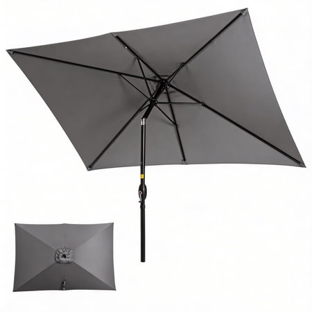Sunvivi 6.5 x 10 Ft Rectangular Patio Umbrella, Outdoor Table Market Umbrella with Crank, 6 Steel Ribs, Polyester Canopy, Grey