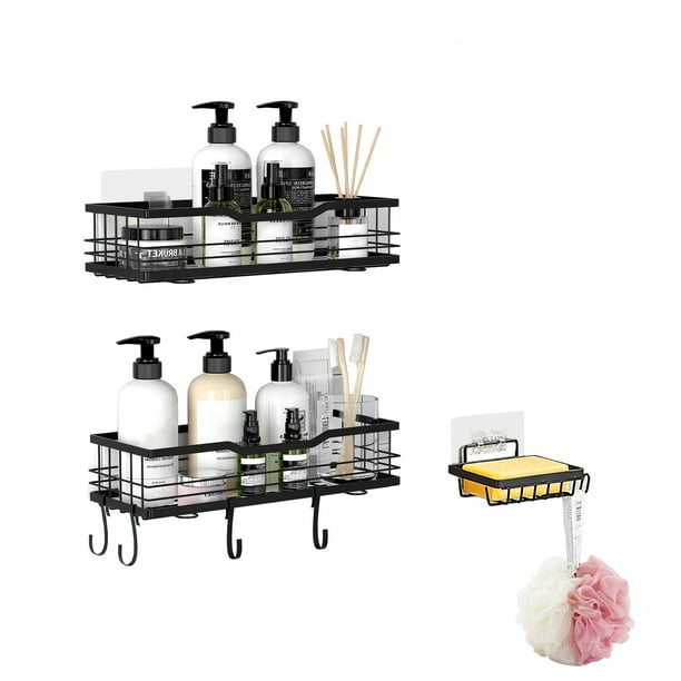 SANMADROLA Shower Caddy Adhesive Rustproof Basket Shelf with 4 Hooks