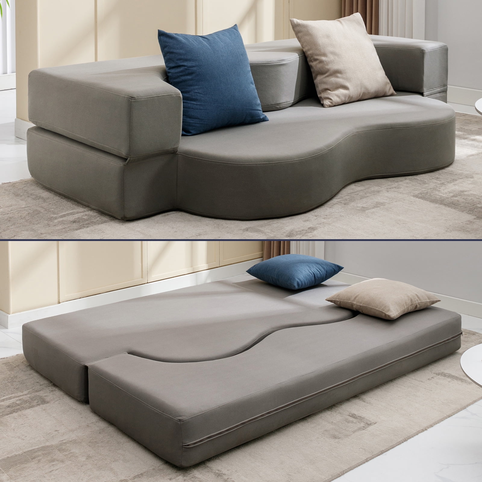 ZAFLY Queen Size Convertible Futon Sofa Bed, Floor Sofa Bed Foldable, Foam Folding Mattress Sleeper, Floor Couch Lounge Sleeper Bed for Living Room/Bedroom, Light Grey