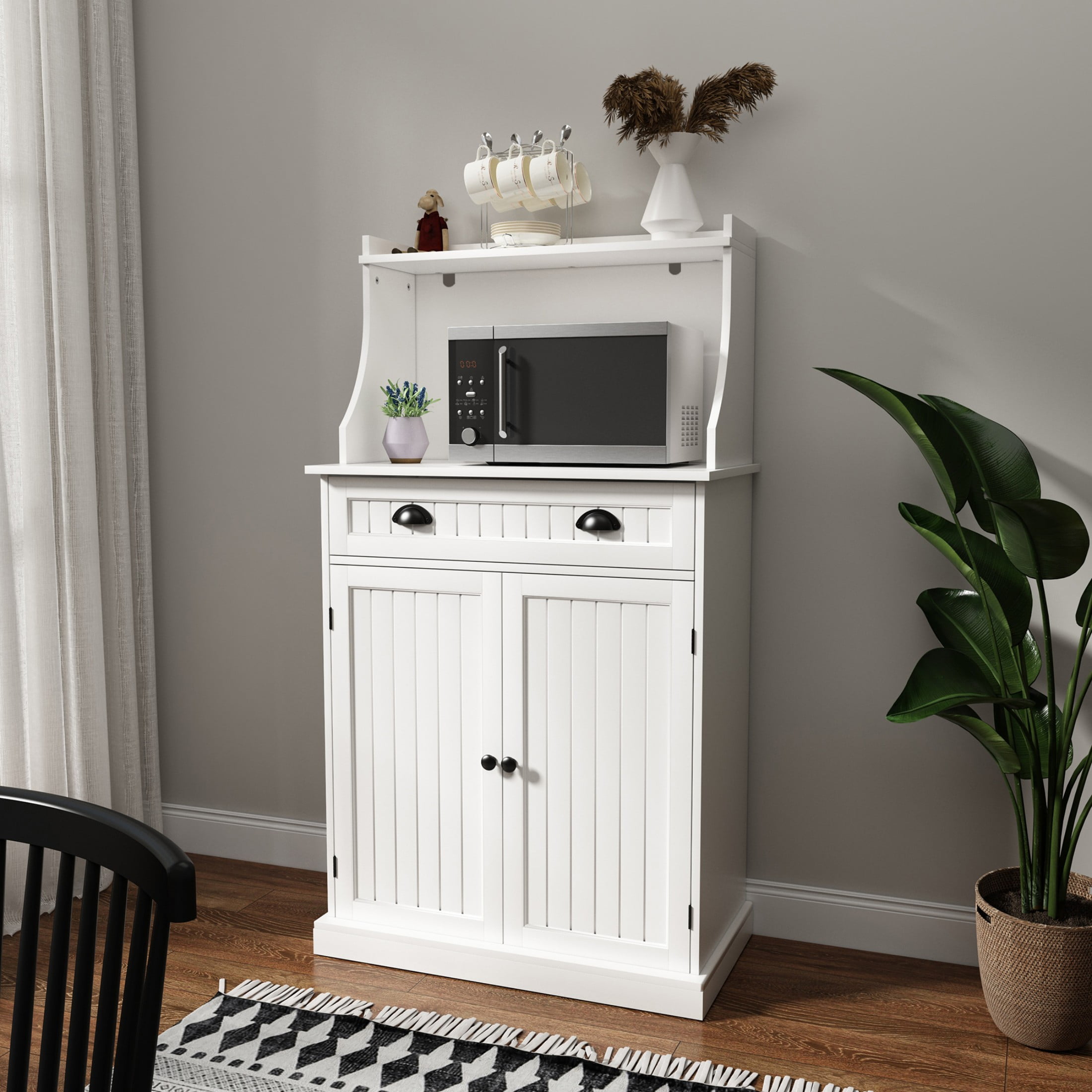 HLR Farmhouse Kitchen Pantry Cabinet with Microwave Stand, 54" Coffee Bar Storage Cabinet,  White