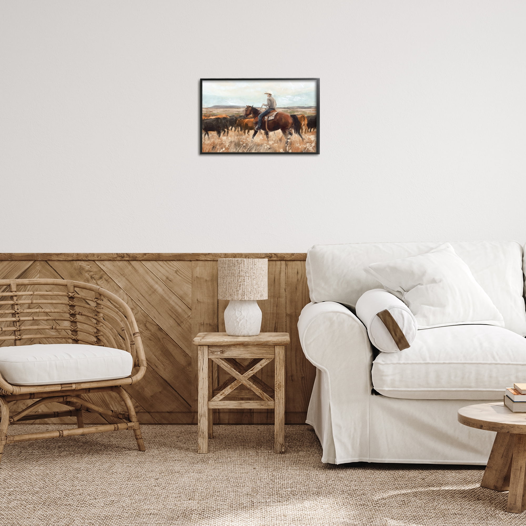 Stupell Industries Cowboy Rounding Cattle Landscape Painting Black Framed Art Print Wall Art, 18 x 12