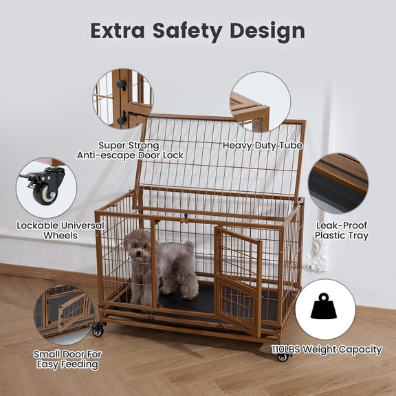 32 Inch Heavy Duty Dog Crate with Wheels, Folding Metal Cage for Puppy/Small Medium Dogs