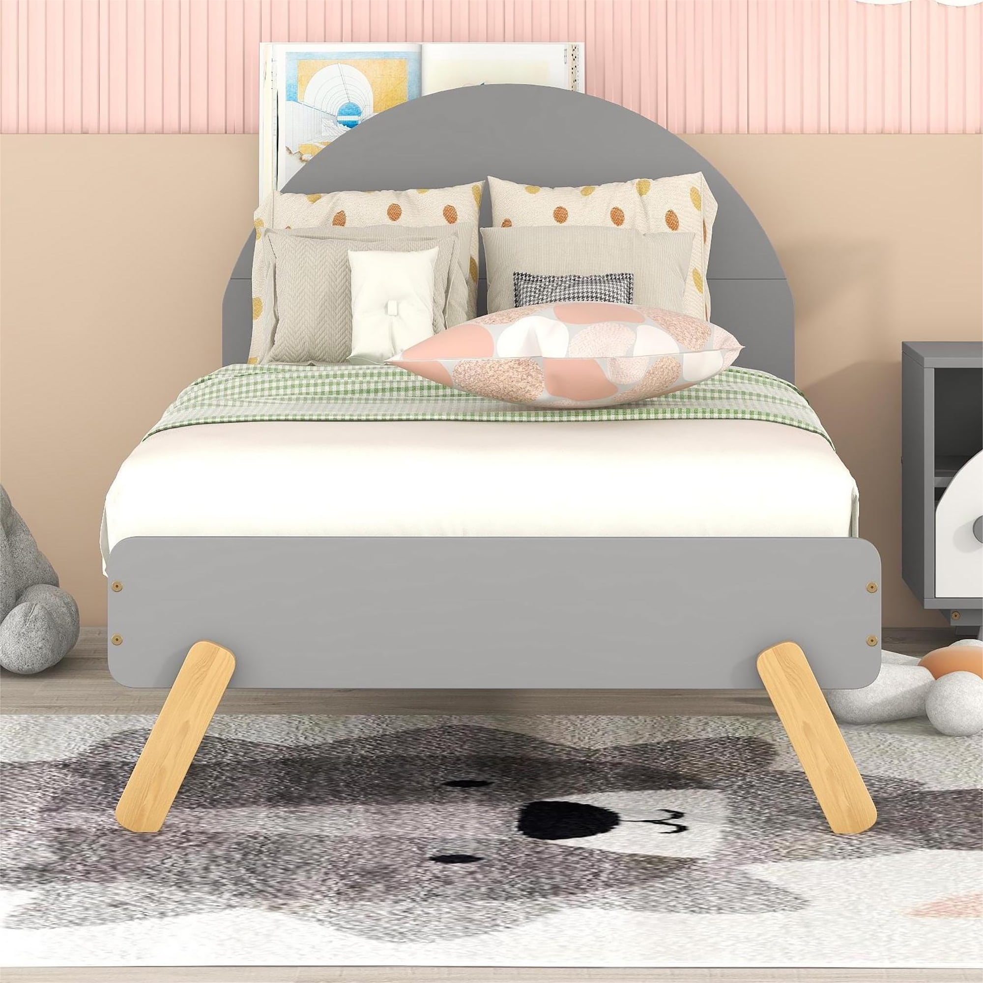 iRerts Wood Platform Bed Frame Twin Size, Gray Kids Toddler Bed with