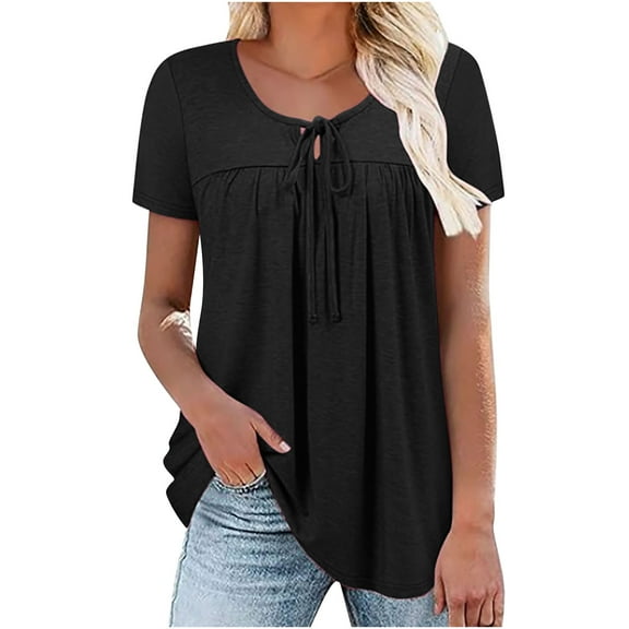 Lovskoo 2024 Womens Summer Tops Pleated Crewneck Corded Short Sleeve Solid Color Basic Tunic Shirts Tops Blouses Black 2XL