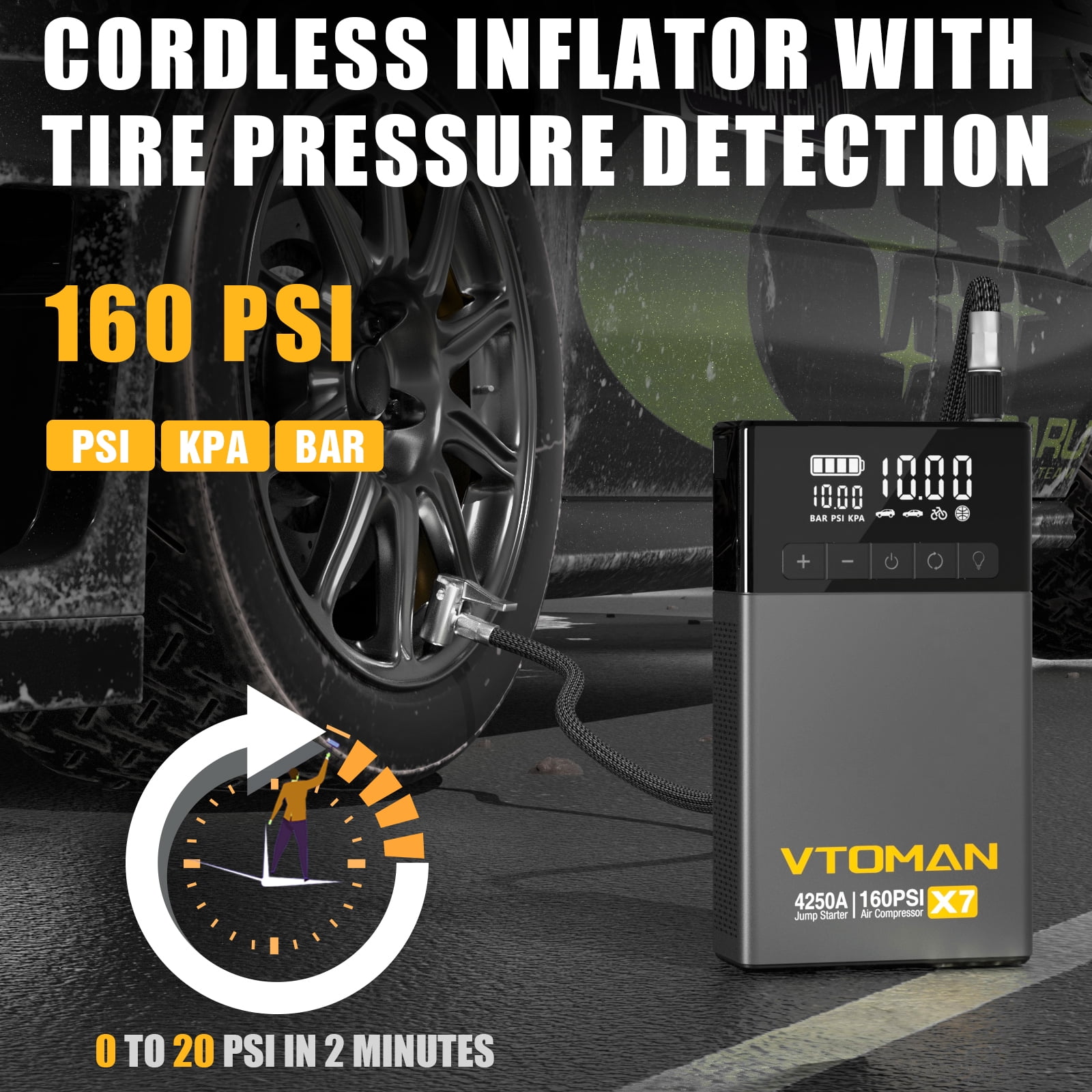 VTOMAN X7 Jump Starter with Air Compressor 4250A Portable Car Starter with 160PSI Digital Tire Inflator,12V Lithium Battery Charger Booster Box with Type-C Quick Charge (Up 10L Gas/10L Diesel Engine)