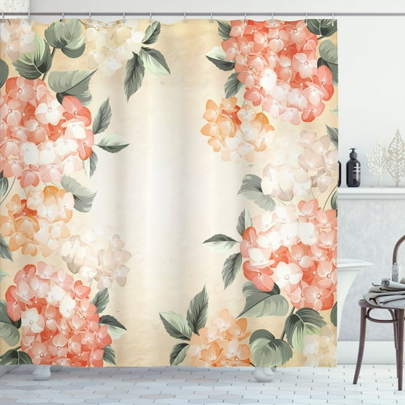 Ambesonne Floral Shower Curtain, Blooming Hydrangea Flowers, 69"Wx75"L, Reseda Green Salmon