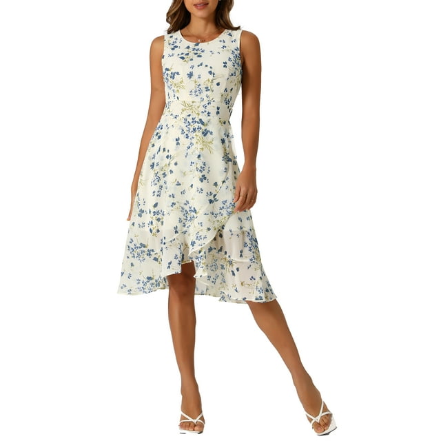 Vestidos de verano para mujeres INSPIRE CHIC, con envoltura, dobladillo con volantes, cuello redondo, espalda con abertura, sin mangas, vestido floral XS beige-azul