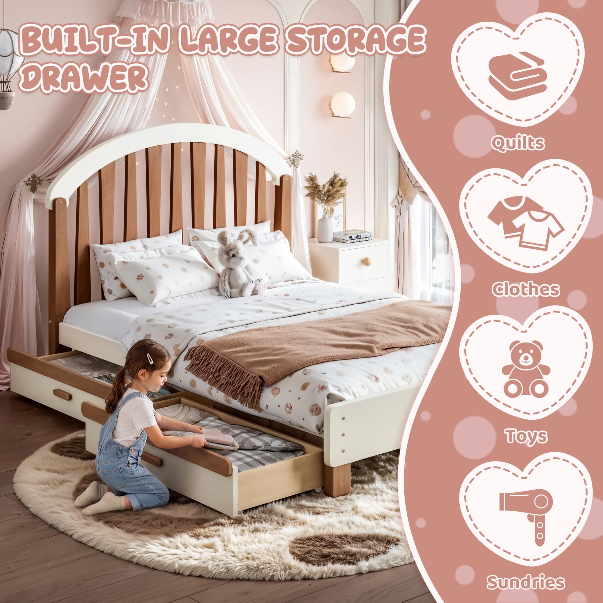 Leumius Full Size Platformbed Frame with Storage Drawer, Wood Bed Frame with Round Headboard for Bedroom Beige & Deep Natural