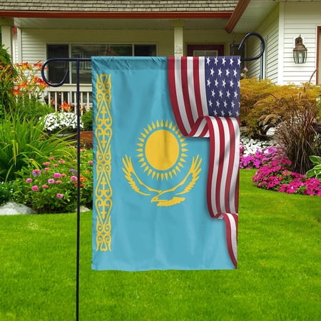 Waving American Kazakh Kazakhstan USA Friendship Patriotic Proud Garden Flag, Double-Sided Outdoor Yard Decor 11.5 x 17.5 Inch