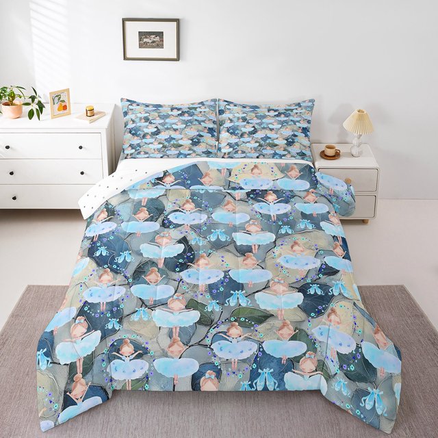 Erosebridal Ballet Princess Comforter Sets Queen Size,Blue Flower Bedding Queen Comforter Set,Dance Theme Bedding Sets Queen with Comforter,Breathable Cartoon Room Decorative,Reversible,3 Pieces