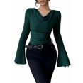 thumbnail image 2 of Women Long Sleeve Cowl Neck Ribbed Knit Fall Shirts Slim Fit Ruched Going Out Crop Tops Basic T-Shirts Green XXL, 2 of 8