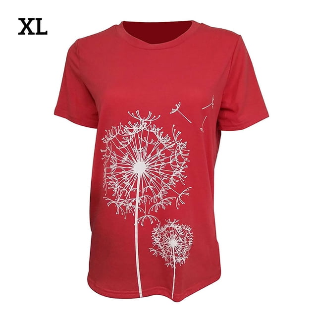 Chemises à Col Rond pour Femmes Manches Courtes Style Simple Pissenlit Haut d'Été T-shirts Respirants Vêtements Unisexes Accessoire de Mode Rouge TG