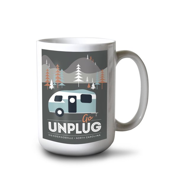 15 fl oz Ceramic Mug, Hendersonville, North Carolina, Go Unplug, Retro