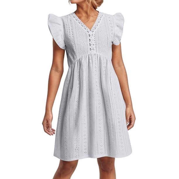 Vestido informal de color liso para mujer con mangas colgantes de encaje y mini falda - Poliéster, diseño con volantes y cuello en V, apto para mujeres embarazadas