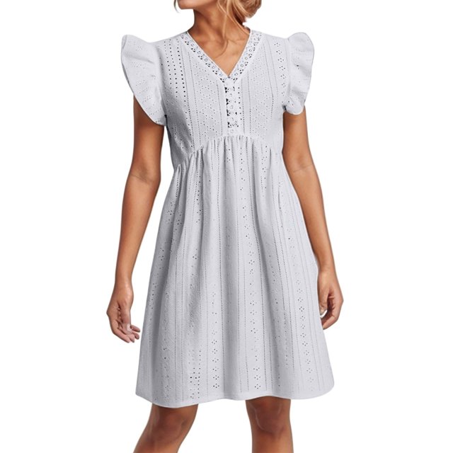 Vestido informal de color liso para mujer con mangas colgantes de encaje y mini falda - Poliéster, diseño con volantes y cuello en V, apto para mujeres embarazadas