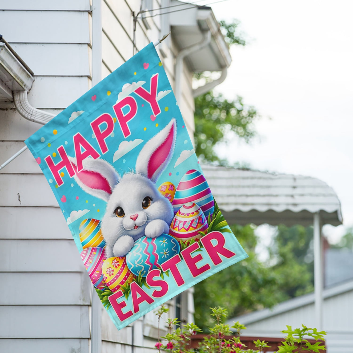America Forever Happy Easter Bunny House Flag, 28” x 40” Double Sided, Colorful Rabbit Eggs Farmhouse Yard Outdoor Decoration, Welcome Flag for Spring Summer Home Decor