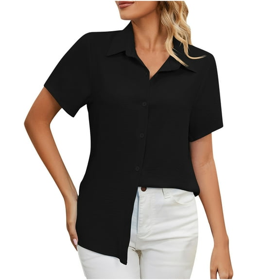 Giftesty Womens Plus Size Clearance Women's Short Sleeve Buttons Round Neck Easter Solid Color Loose Tops Blouse Sleeve