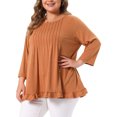 thumbnail image 2 of DARING DIVA Women's Plus Pleated Crew Neck 3/4 Sleeve Blouses 1X Caramel, 2 of 5