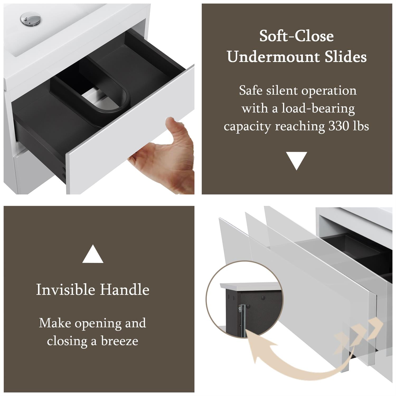 Demi Bonn 24" Floating Bathroom Vanity with Sink, Resin Top Basin and 2 Soft Close Drawers, Faucets and Drains Not Included, White