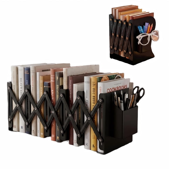 Metal Bookends for Shelves – Adjustable Book Ends Scalable with Pen Holder, Heavy Duty Bookend for Books, Black