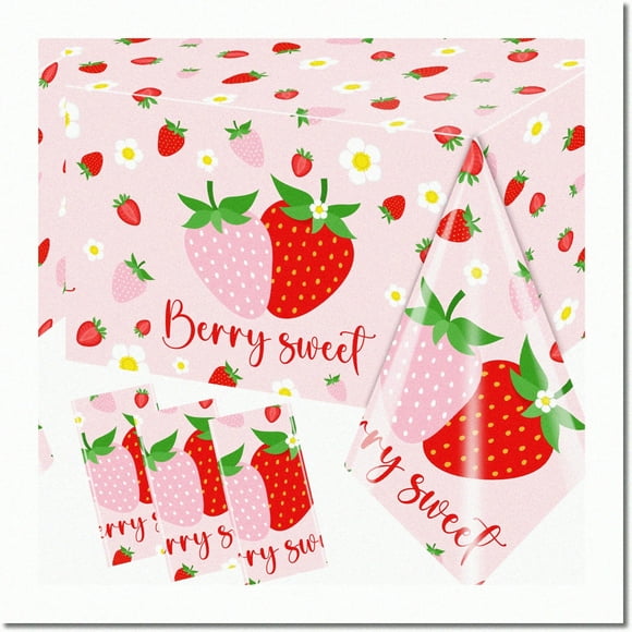 Berry Sweet Strawberry Party Table Covers - 3PCS Waterproof Plastic Strawberry Birthday Decorations for Berry Sweet Baby Shower Party Supplies