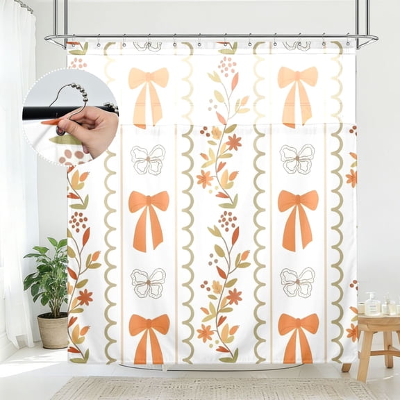 BZSMCE Ribbon Floral Border Pattern Bathroom Shower Curtain Set with Hooks Waterproof Double Layer Fabric 72×78 Inch