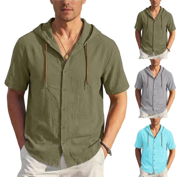 Bxsruta Men'S Short Sleeved Hooded Shirt, Linen-Like & Breathable, Casual Summer Button-Up Top for Vacation Outdoor Lounge, M