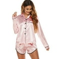 thumbnail image 4 of PENGXIANG 2pcs Womens Silk Satin Pajamas Set Button down Floral Pattern Long Sleeve Sleepwear + Short Pants Set Nightwear, 4 of 6