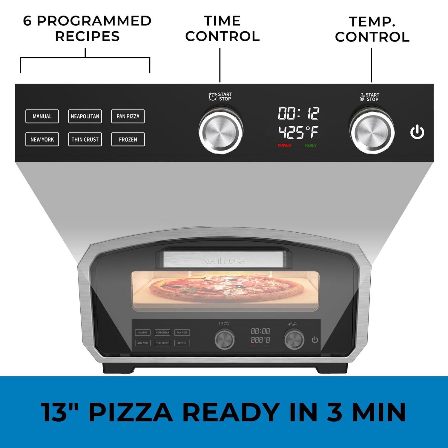 Kenmore Four à Pizza Électrique 13", Intérieur/Extérieur, 5 Programmes Tactiles, Résistant aux Intempéries pour une Cuisine Pratique Partout