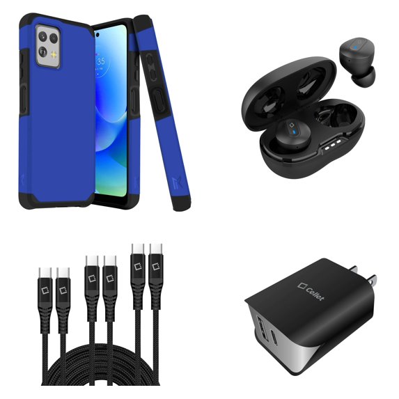BD Combo Bundle Case for Moto G Power 5G 2023 Case - (Cobalt Blue) Dual Shockproof Protector Armor Case with Wireless Earbuds, UL Certified Dual Wall Charger, 3-Pack of USB Cables (3ft, 6ft, 10ft)